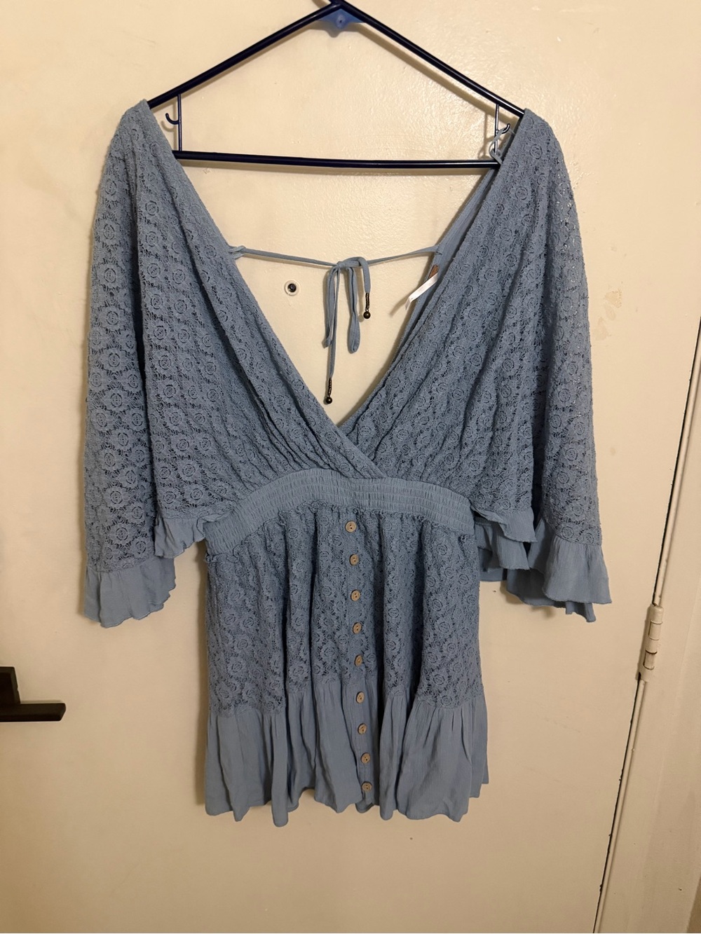Free People Shyanne Lace Button-Front Ruffle blue Romper large L